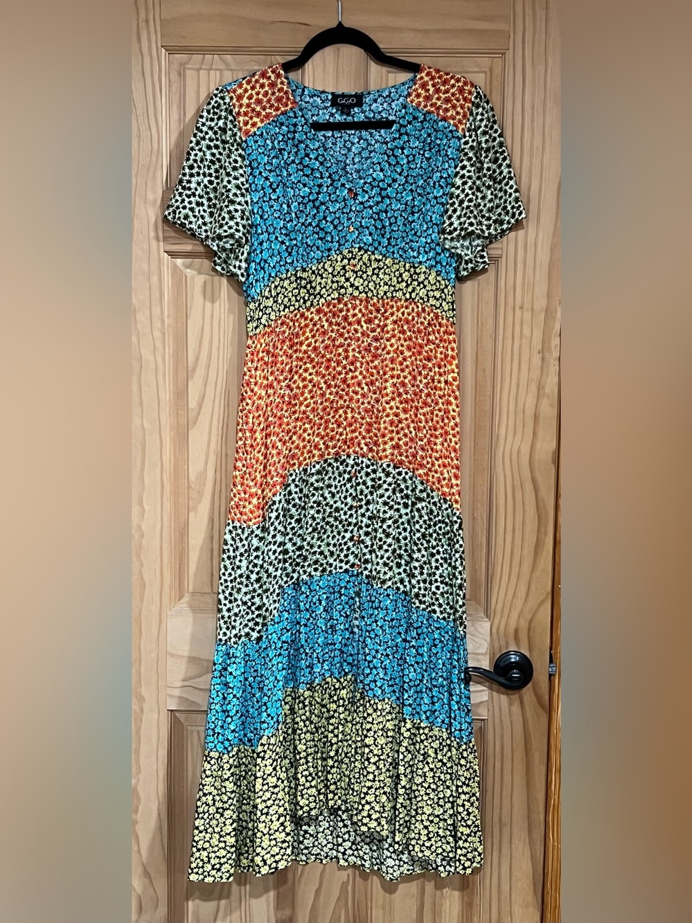 Gigio Floral Patchwork Maxi Dress in Blue, Orange & Yellow